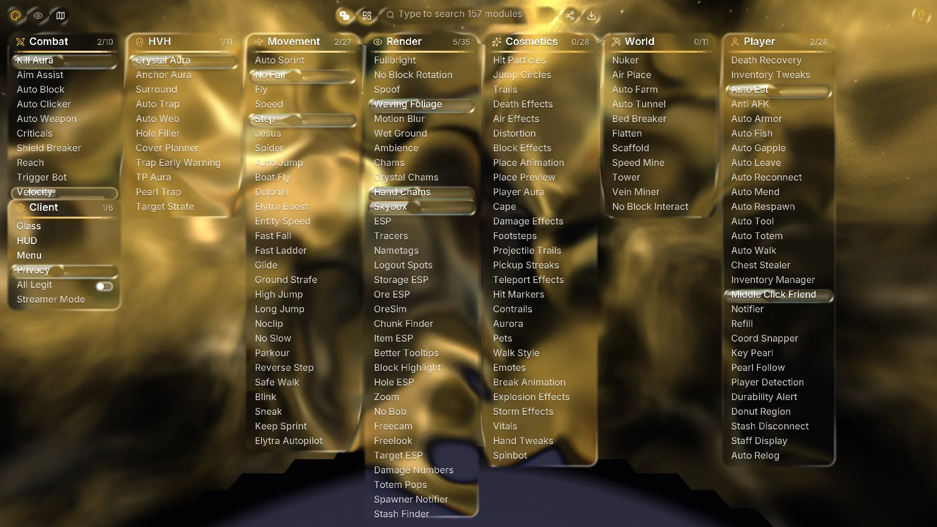 The Glass menu: every category as its own floating glass window over the world