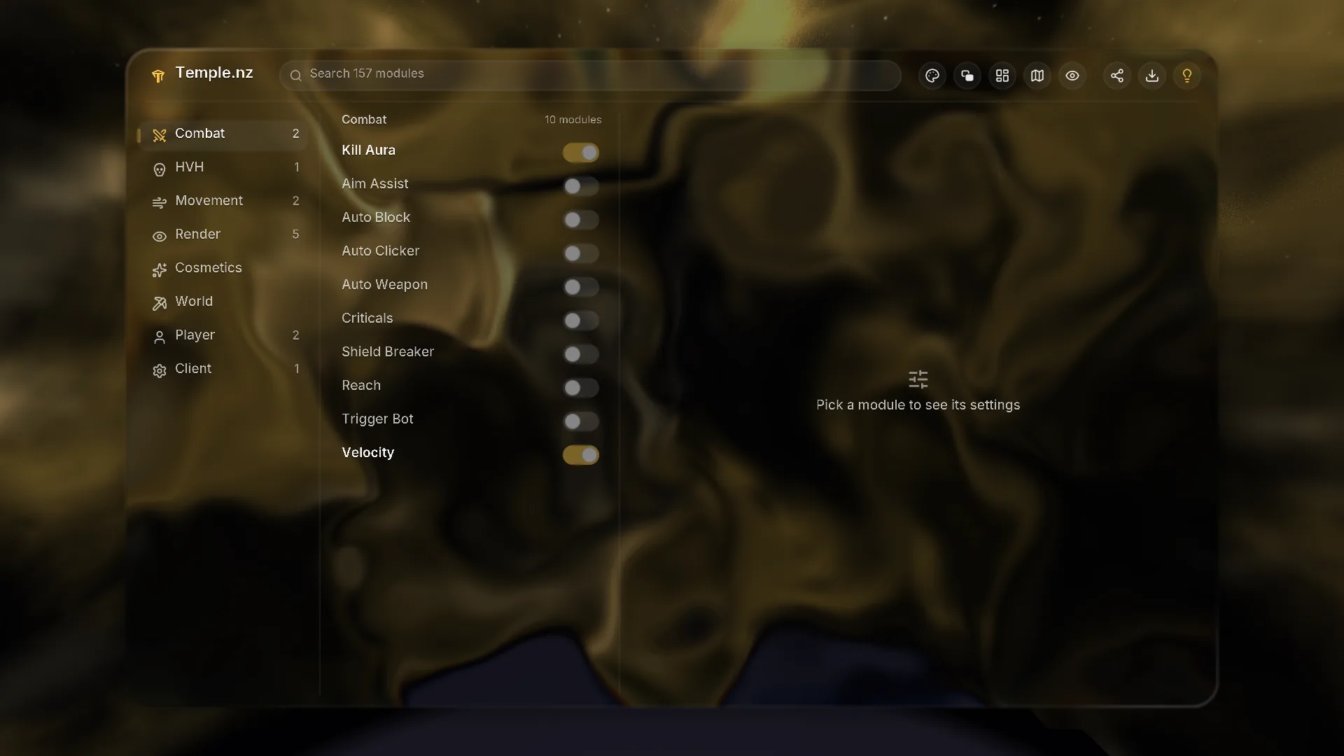 The Simple menu: categories down the side, modules with switches, settings on the right